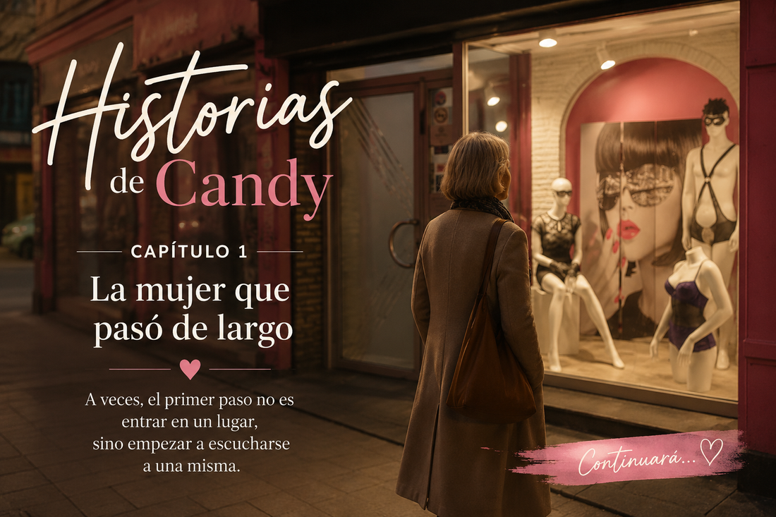 Mujer madura observa el escaparate de Shop Candy Dreams y duda antes de entrar