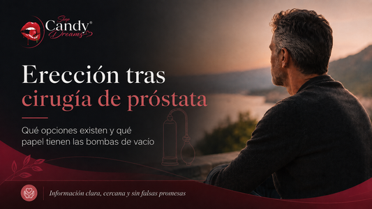 Hombre maduro mirando al horizonte junto al título “Erección tras cirugía de próstata”, con ilustración de una bomba de vacío y logotipo de Shop Candy Dreams.