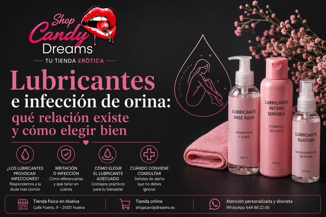 Ilustración sobre la relación entre los lubricantes y la infección de orina con productos de bienestar íntimo de Shop Candy Dreams.