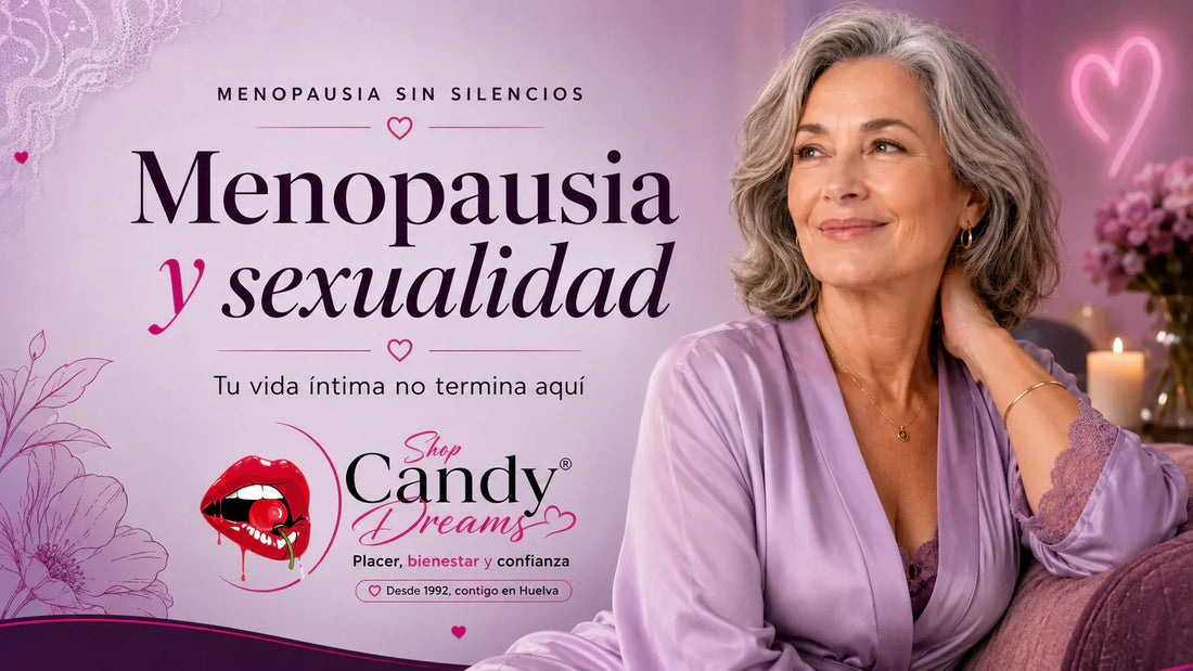 Mujer madura sonriente en una imagen sobre menopausia y sexualidad de Shop Candy Dreams.