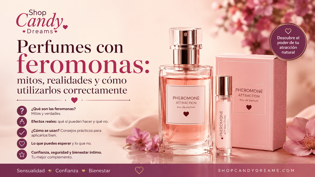 Perfumes con feromonas: mitos, realidades y cómo utilizarlos correctamente. Imagen de portada de Shop Candy Dreams con frasco de perfume rosa y diseño en tonos suaves.