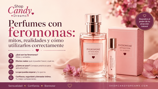 Perfumes con feromonas: mitos, realidades y cómo utilizarlos correctamente. Imagen de portada de Shop Candy Dreams con frasco de perfume rosa y diseño en tonos suaves.