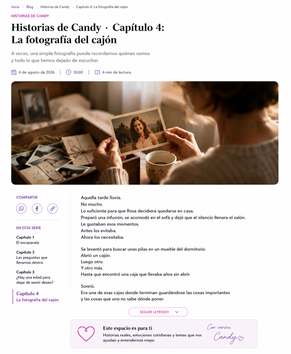Rosa sostiene una fotografía antigua mientras recuerda quién era y reflexiona sobre el paso del tiempo