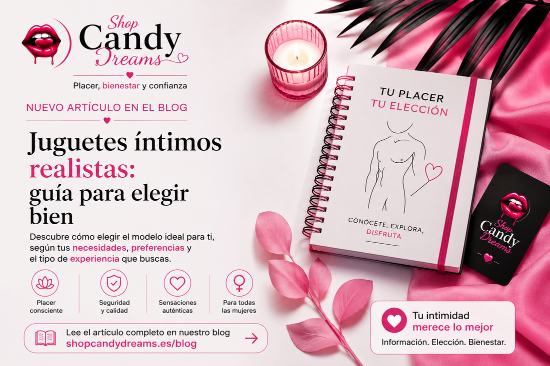 Juguetes íntimos realistas: guía para elegir bien en Shop Candy Dreams. Imagen educativa en colores corporativos rosa y negro