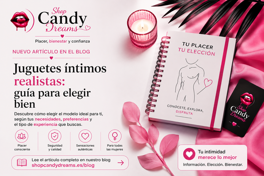 Juguetes íntimos realistas: guía para elegir bien en Shop Candy Dreams. Imagen educativa en colores corporativos rosa y negro