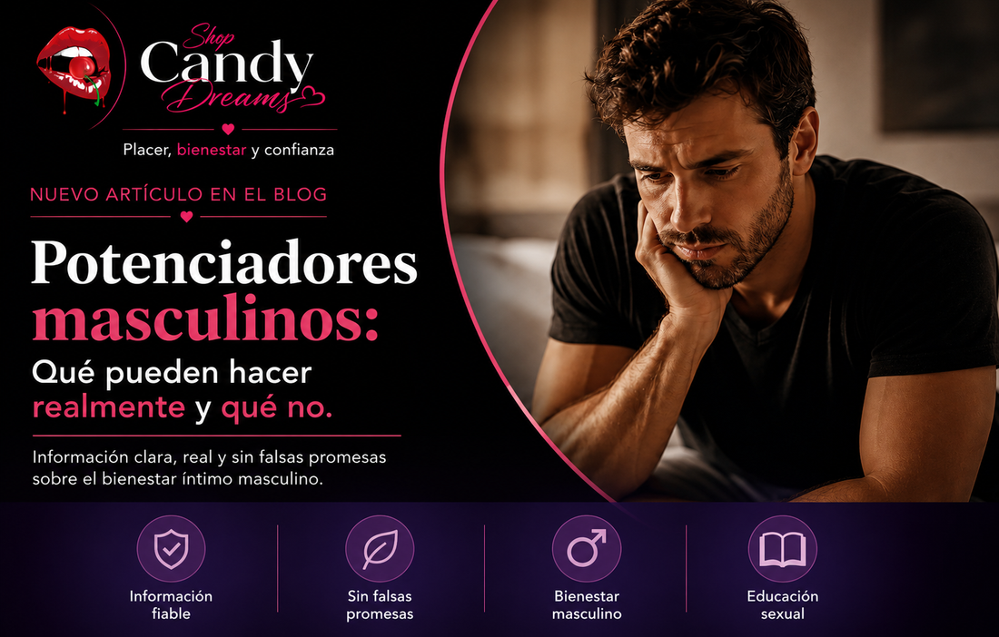 Imagen educativa sobre potenciadores masculinos, bienestar íntimo masculino e información clara de Shop Candy Dreams