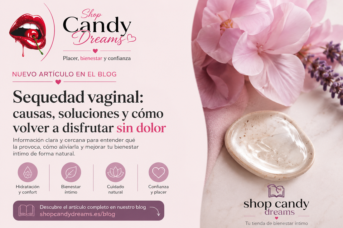 Portada del artículo sobre sequedad vaginal con información sobre causas, soluciones y bienestar íntimo femenino de Shop Candy Dreams.