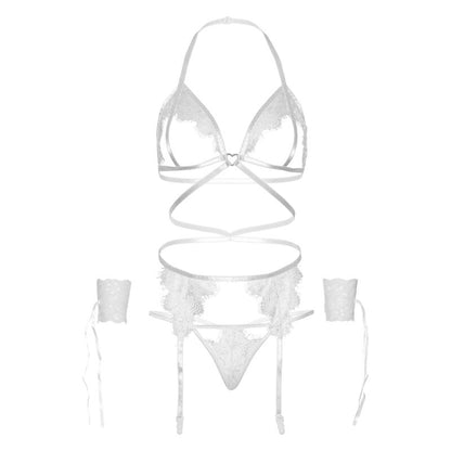 LEG AVENUE - SET CUATRO PIEZAS SUJETADOR, LIGUERO, TANGA Y PUÑOS TALLA UNICA - NEGRO